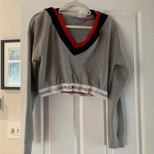 Tommy Hilfiger Gray V-Neck Sweatshirt with Red and Blue Accents